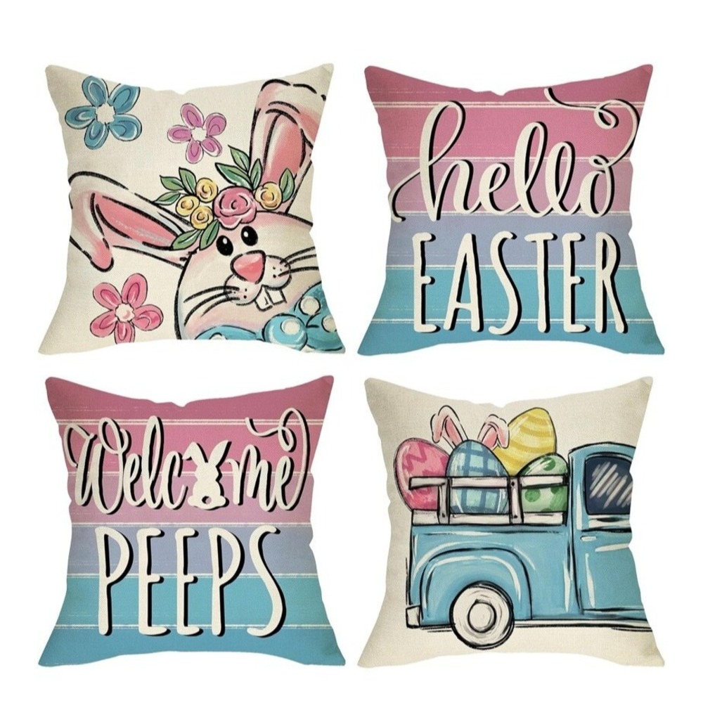 Easter Pillow Throw Covers Set of 4 Holiday Decor Bunny‎ Rabbit